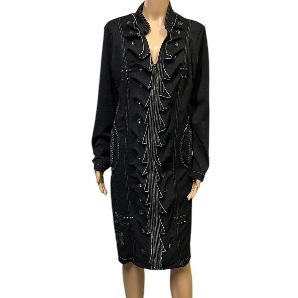 Nexx Grunge Black Gray Zip Up Midi Dress Coat with Pockets Imported 46 Large